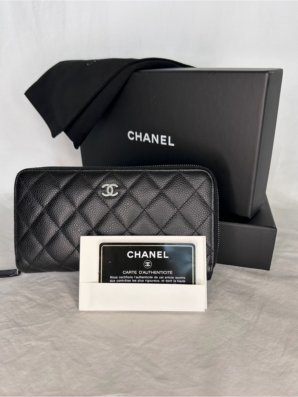 CHANEL Black Quilted Caviar Leather Zip Wallet with Silver CC
